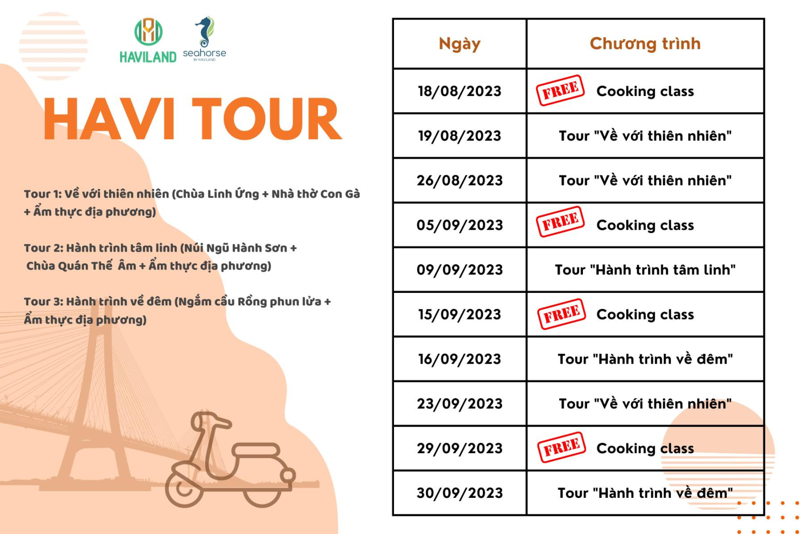 Lịch trình Havi Tour kết hợp Cooking Class được áp dụng mọi cơ sở lưu trú tại Haviland
