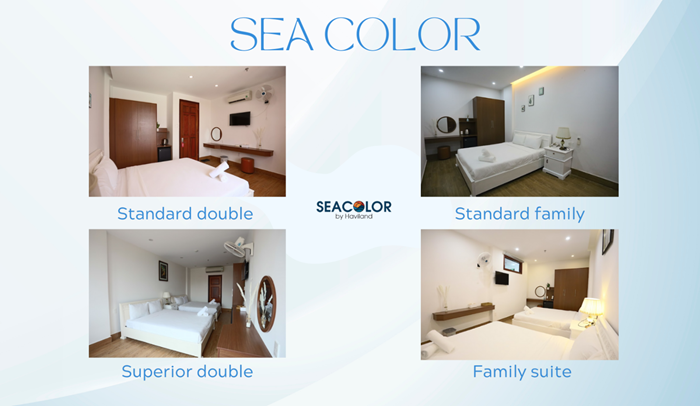 Sea Color cung cấp 4 hạng phòng: Standard Double, Standard Family, Superior Double và Family Suite